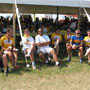 CCCers enjoying the music, food and Shiner after a hard ride... From Left - Joann Seaver, Tom Johnson (Johnston?), Susan Nuyda, Ash Patel, (someone hiding - wait for the next slide), Fred Drewe, Steve Bartolucci, and on the right Tom and Kerry Chapman